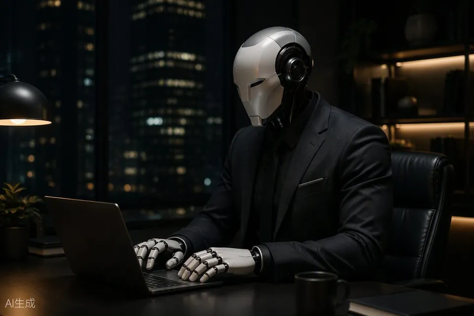 AI 主题插图:人形机器人与电脑设备